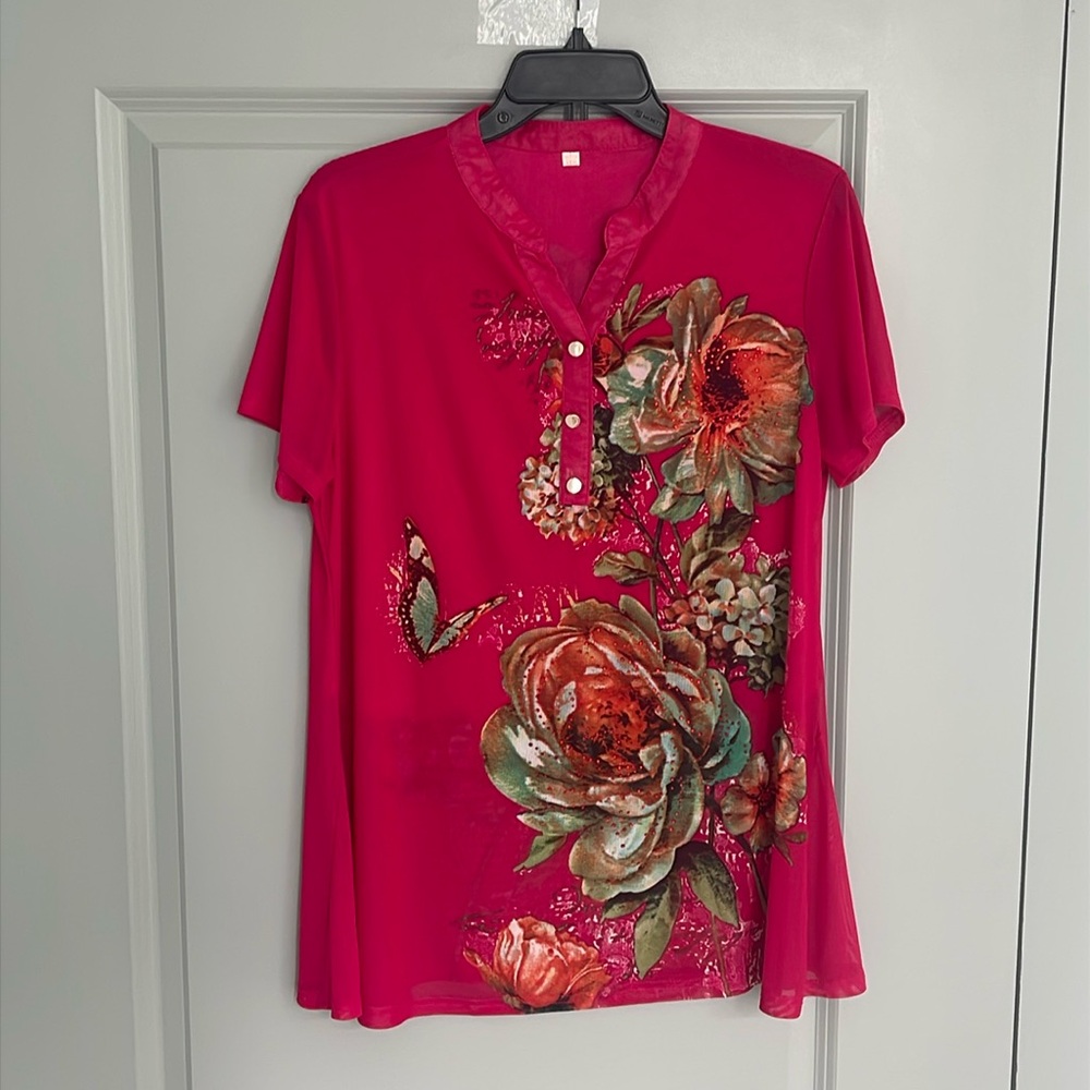 Vibrant Pink Net Blouse with Lining | Red Sequin Floral Pattern on the Front
